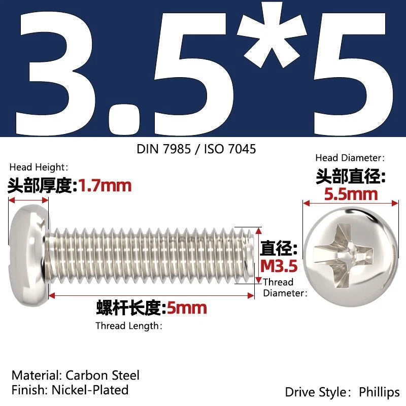 Nickel Plated Pan Head Phillips Machine Screws – ISO 7045, M1 to M4, Corrosion Resistant