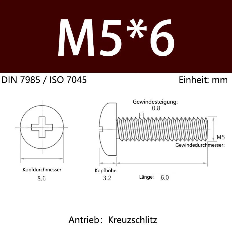 6063 Aluminium Phillips Pan Head Machine Screws DIN 7985 — M1.7 to M6 Metric