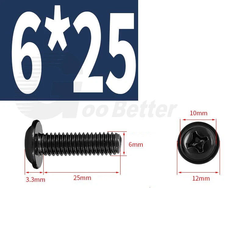 Black Zinc Flange Phillips Pan Head Machine Screws M1.4 M2 M2.5 M3 M4 M5 M6 — Washer-Free Metric Bolts
