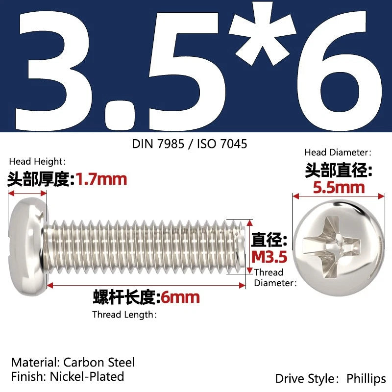 Nickel Plated Pan Head Phillips Machine Screws – ISO 7045, M1 to M4, Corrosion Resistant