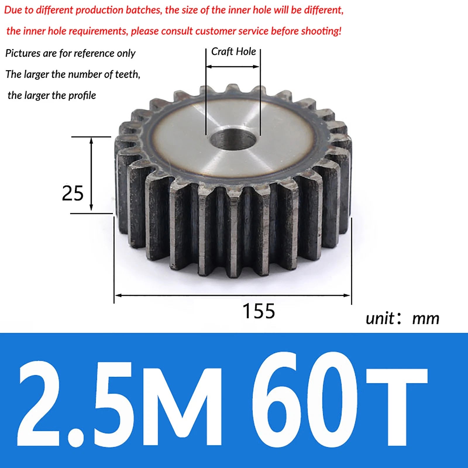 2.5 Mod 10T - 79T Spur Gear 45# Steel Pinion Gear Thickn 25MM Transmission Gear