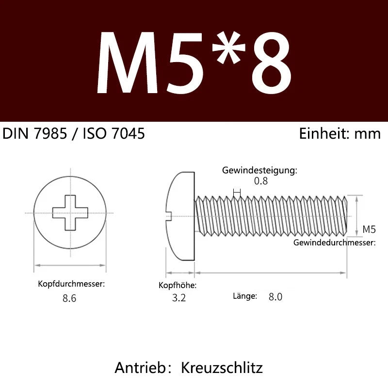 6063 Aluminium Phillips Pan Head Machine Screws DIN 7985 — M1.7 to M6 Metric