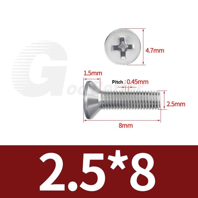 M1–M3.5 Phillips Countersunk Machine Screws – 304 Stainless Steel, Fully Threaded (3–120mm Overall Length) - HomeDIYer