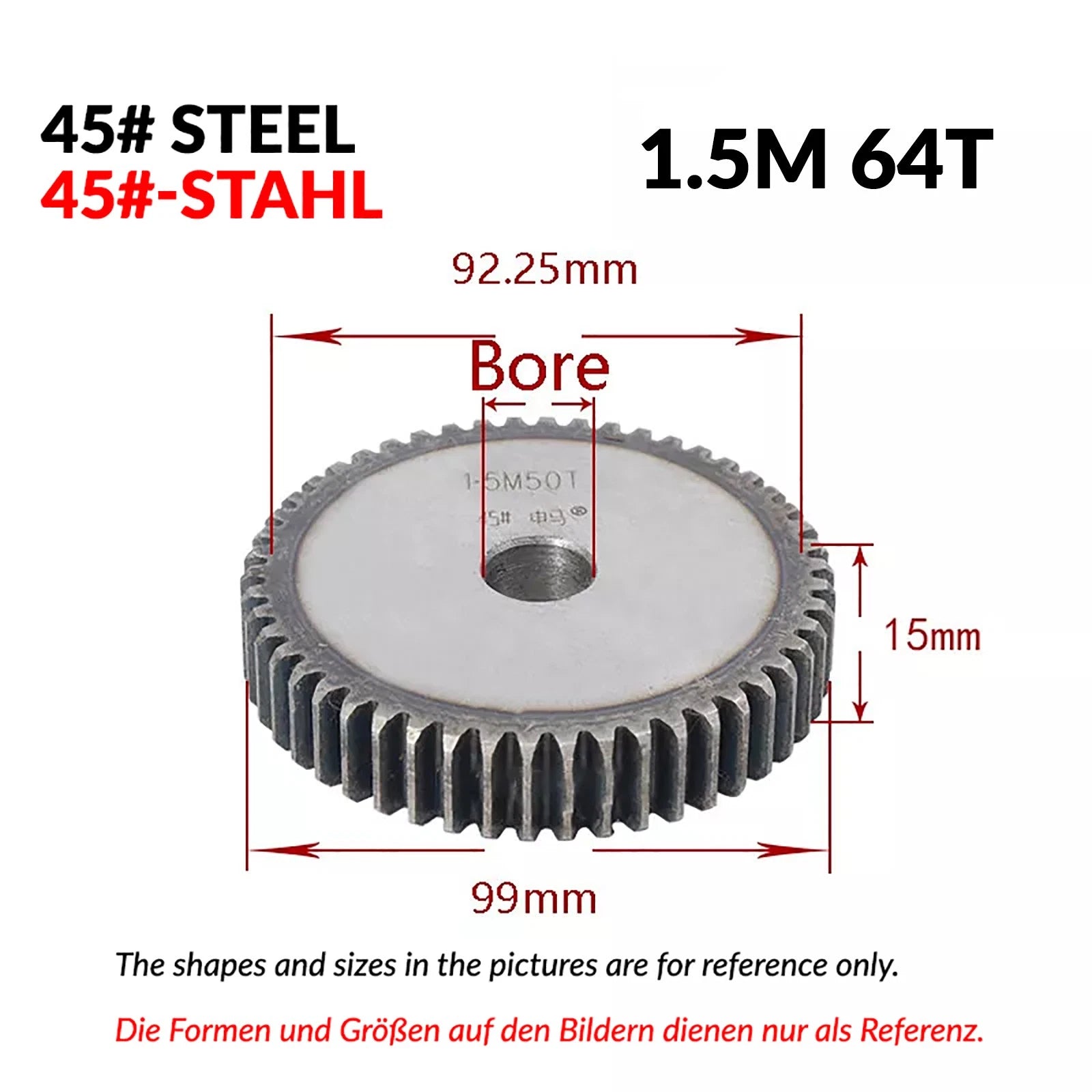 1.5 Mod 12/13/14/15/16/17/18/20-120T 45# Spur Gear Thickn 15mm Transmission Gear