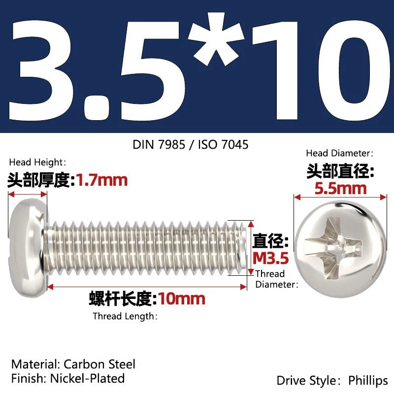 Nickel Plated Pan Head Phillips Machine Screws – ISO 7045, M1 to M4, Corrosion Resistant