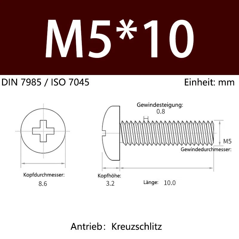 6063 Aluminium Phillips Pan Head Machine Screws DIN 7985 — M1.7 to M6 Metric