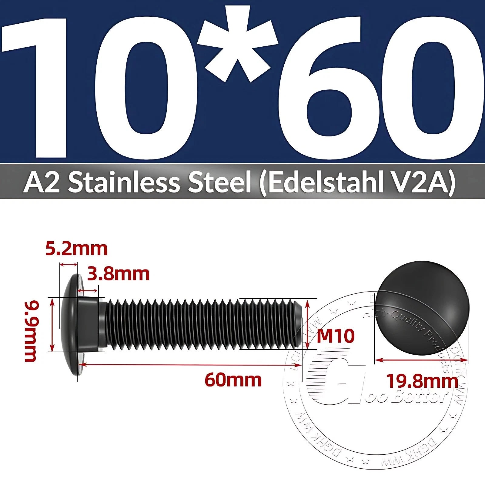 Black Stainless Steel Carriage Bolts M3–M12 | A2 Cup Square Dome Screws