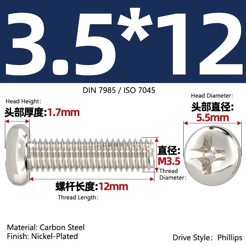 Nickel Plated Pan Head Phillips Machine Screws – ISO 7045, M1 to M4, Corrosion Resistant