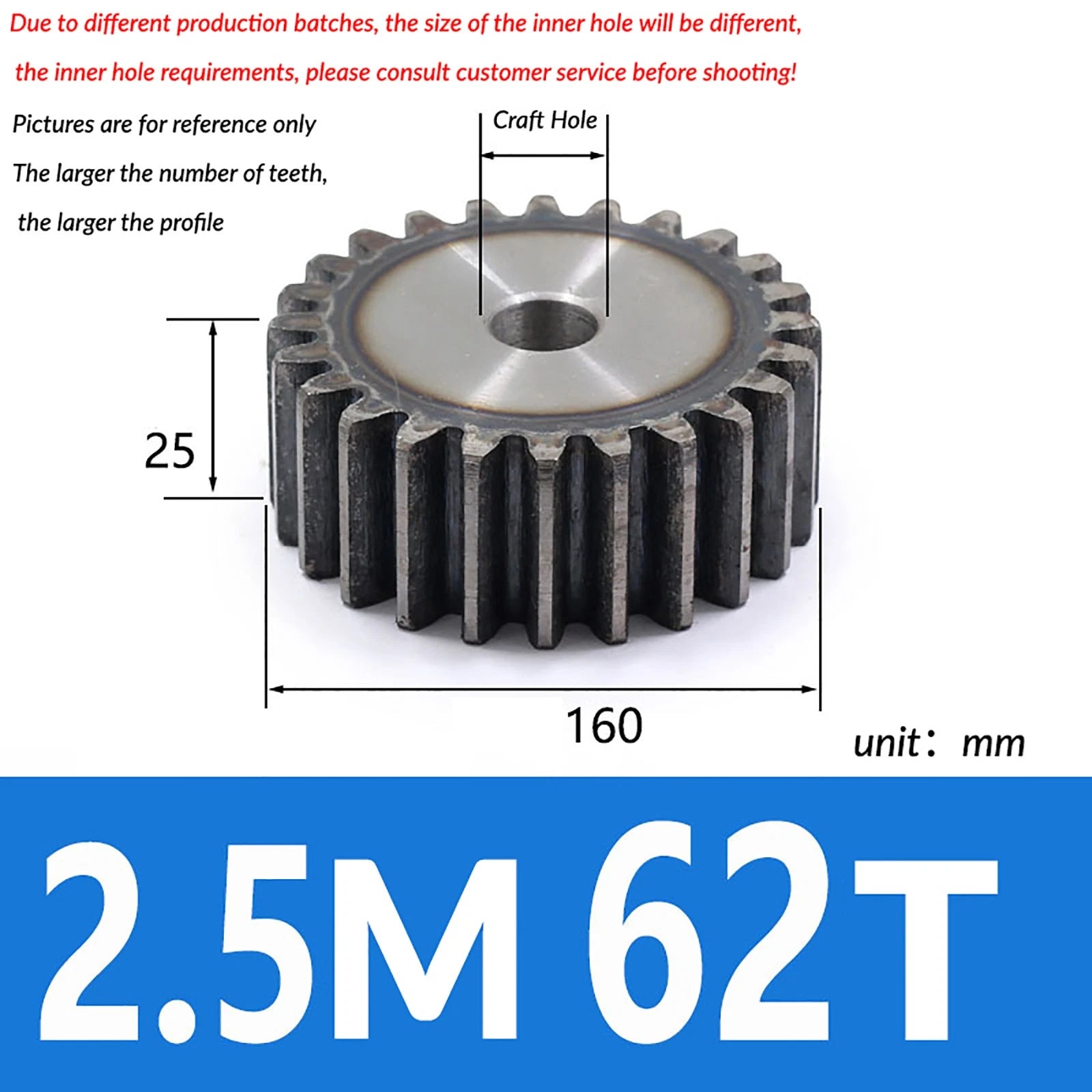2.5 Mod 10T - 79T Spur Gear 45# Steel Pinion Gear Thickn 25MM Transmission Gear