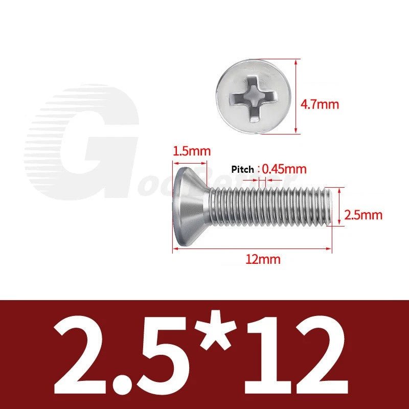 M1–M3.5 Phillips Countersunk Machine Screws – 304 Stainless Steel, Fully Threaded (3–120mm Overall Length) - HomeDIYer