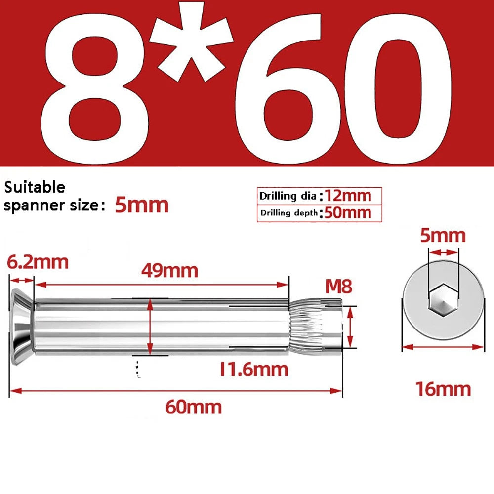 M6–M12 Countersunk Hex Socket Expansion Bolts — 304 & 201 Stainless Steel, A-Type & B-Type