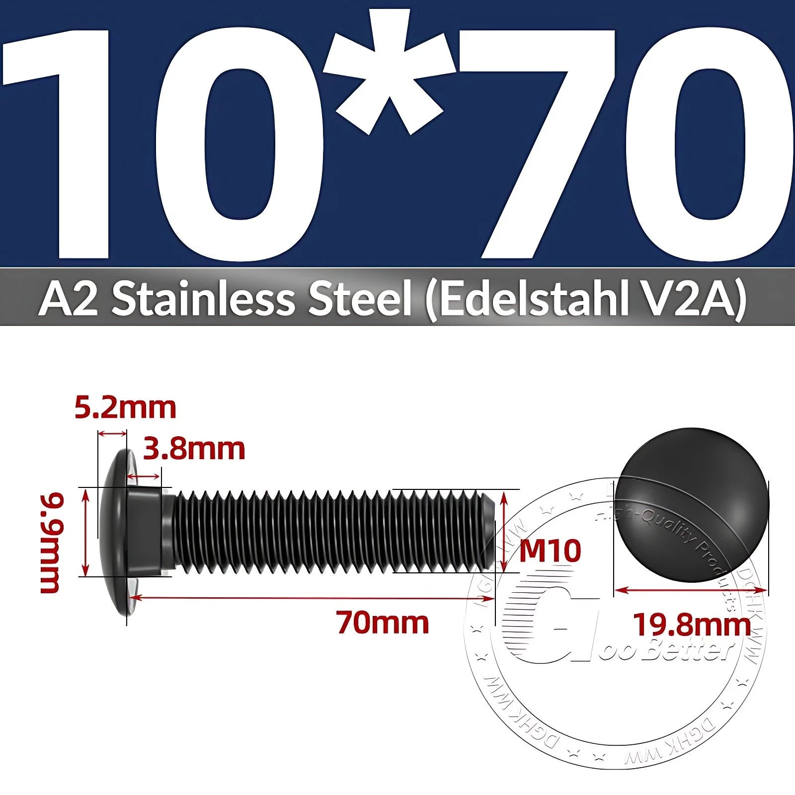Black Stainless Steel Carriage Bolts M3–M12 | A2 Cup Square Dome Screws
