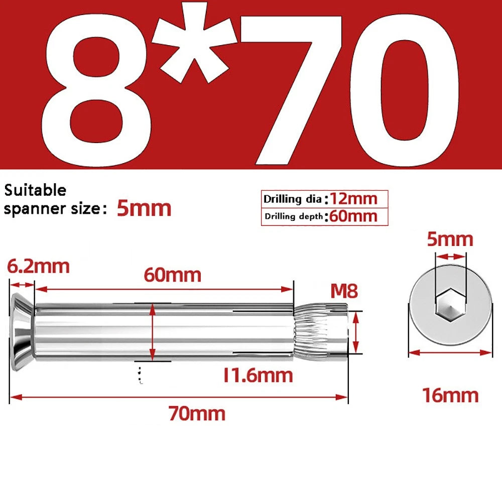 M6–M12 Countersunk Hex Socket Expansion Bolts — 304 & 201 Stainless Steel, A-Type & B-Type