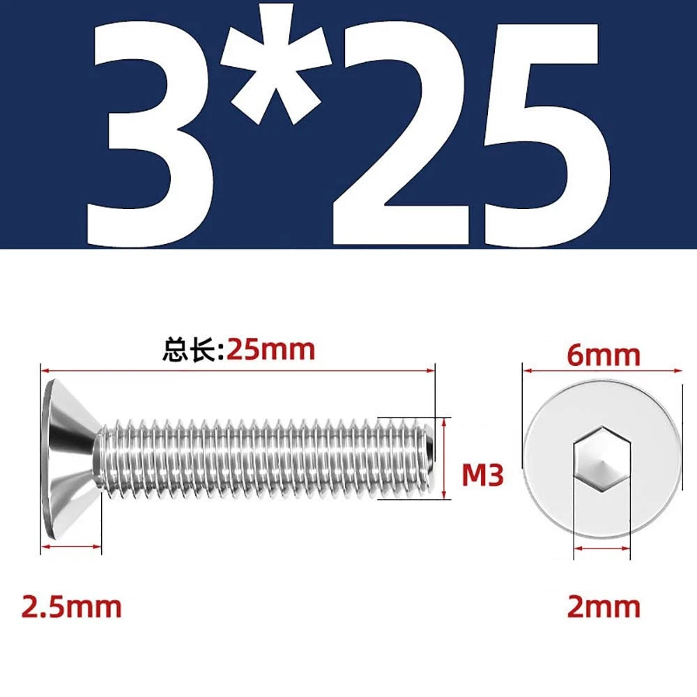 Countersunk Hex Socket Screws – A2 Stainless Steel, M2 to M16, DIN 7991, Fully Threaded