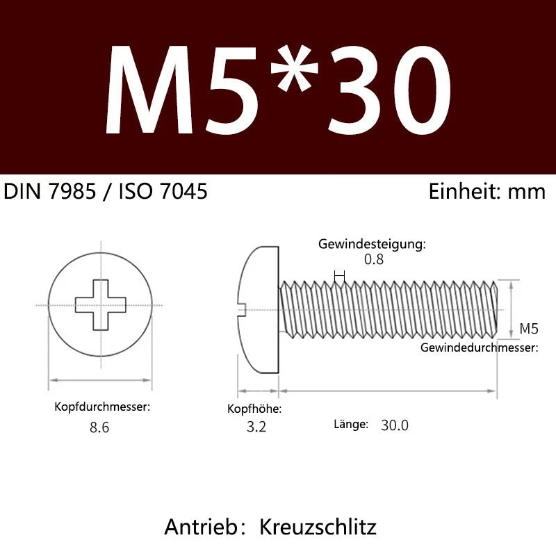 6063 Aluminium Phillips Pan Head Machine Screws DIN 7985 — M1.7 to M6 Metric