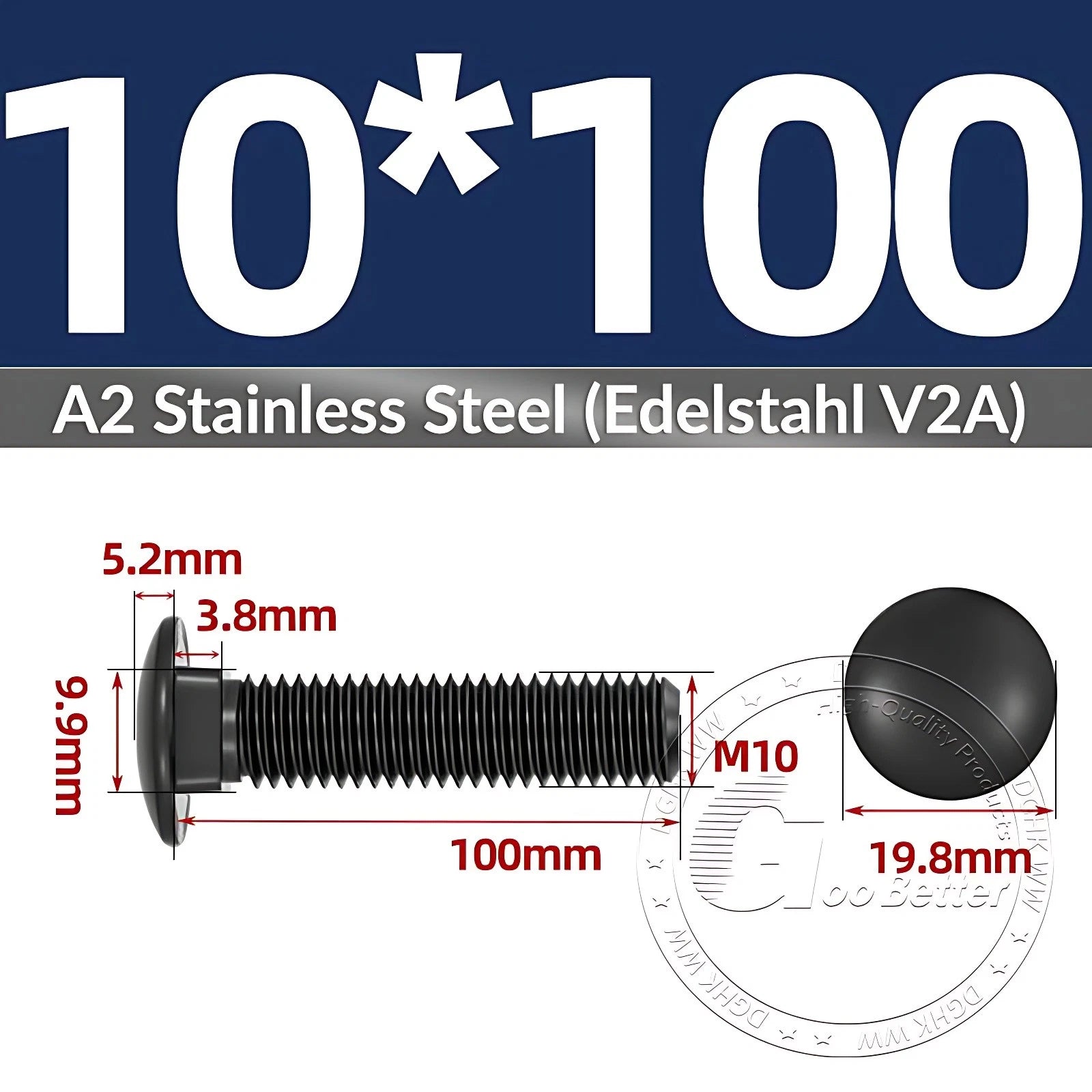 Black Stainless Steel Carriage Bolts M3–M12 | A2 Cup Square Dome Screws