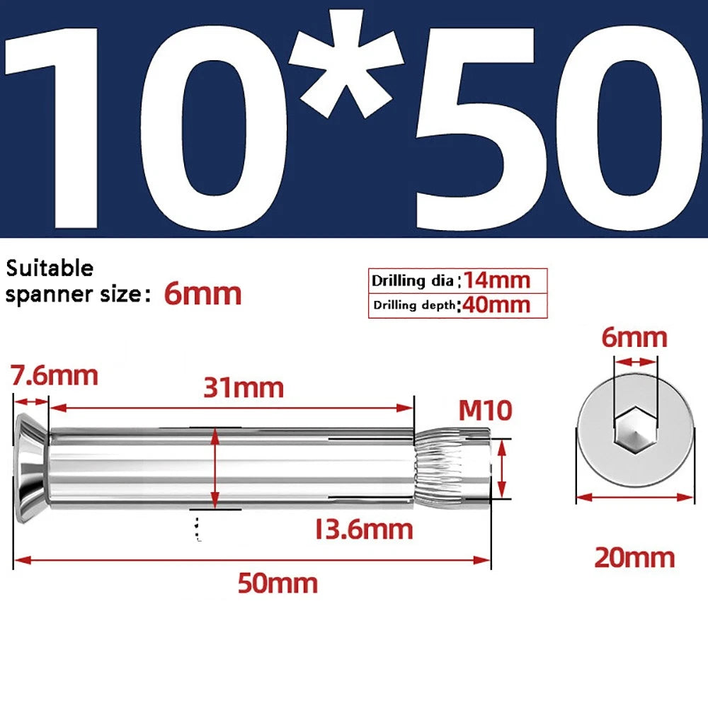 M6–M12 Countersunk Hex Socket Expansion Bolts — 304 & 201 Stainless Steel, A-Type & B-Type