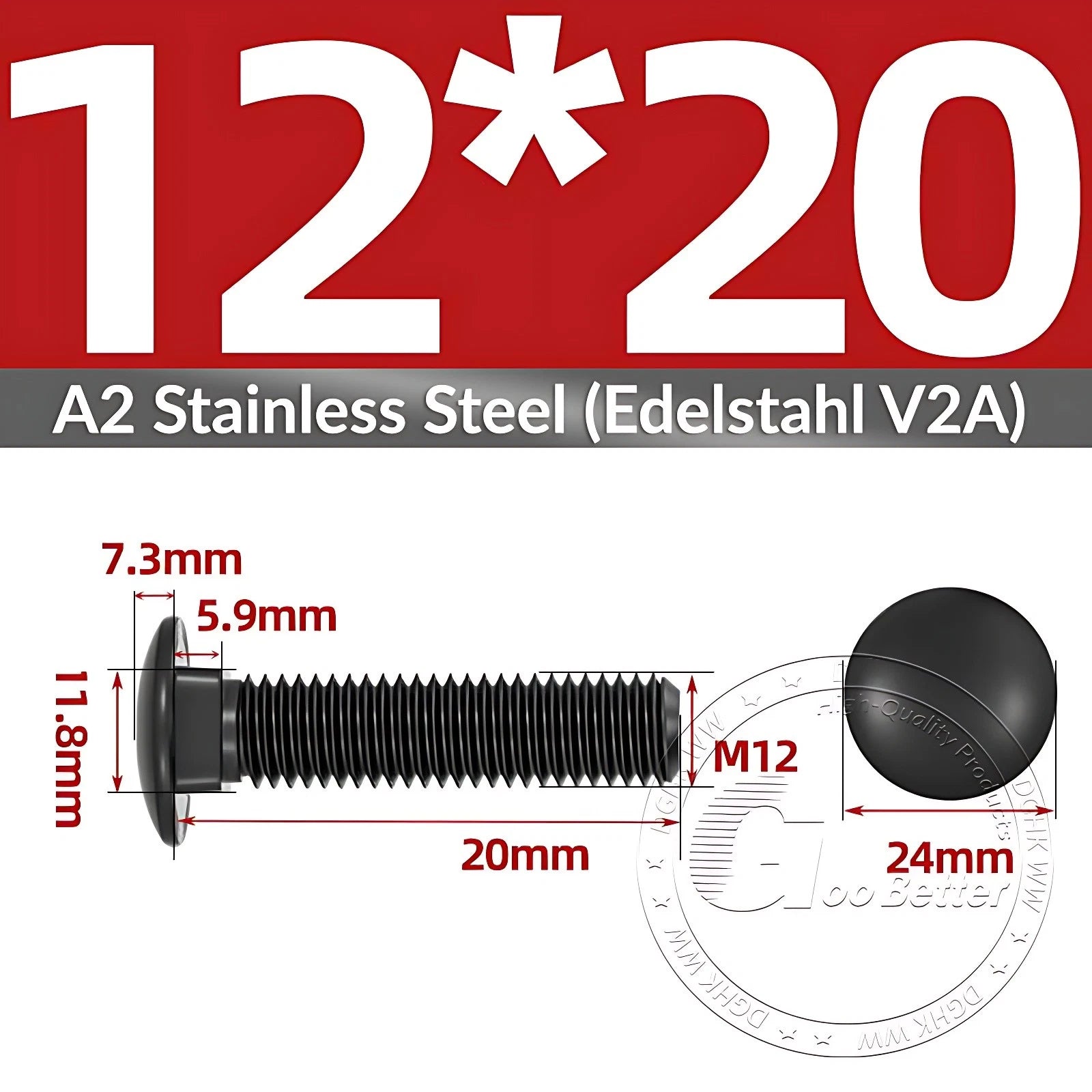 Black Stainless Steel Carriage Bolts M3–M12 | A2 Cup Square Dome Screws