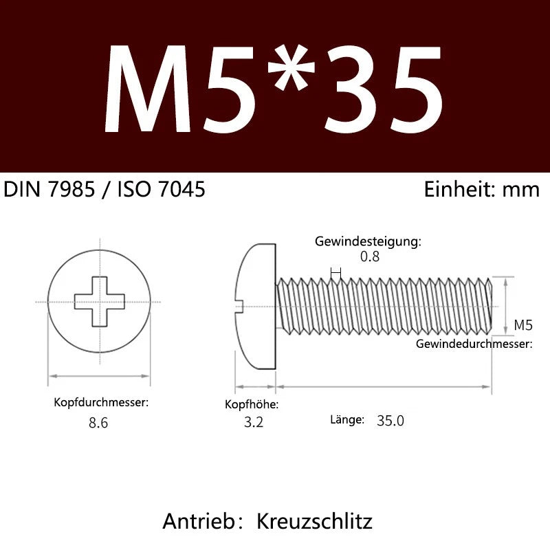 6063 Aluminium Phillips Pan Head Machine Screws DIN 7985 — M1.7 to M6 Metric