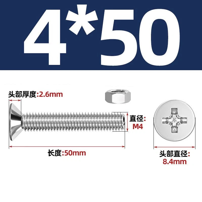 M2–M12 Phillips Countersunk Head Machine Screws with Hex Nuts | A2 304 Stainless Steel