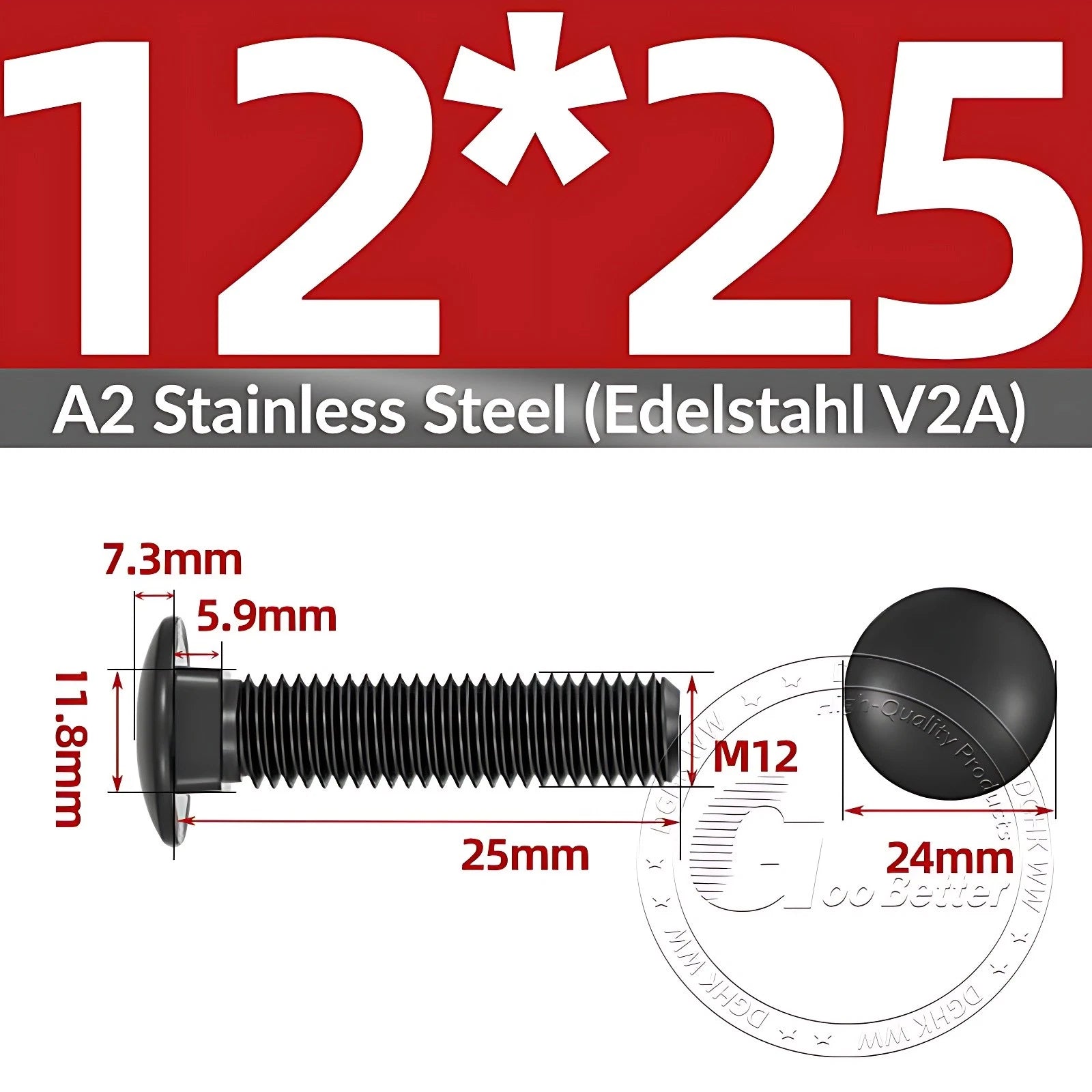 Black Stainless Steel Carriage Bolts M3–M12 | A2 Cup Square Dome Screws