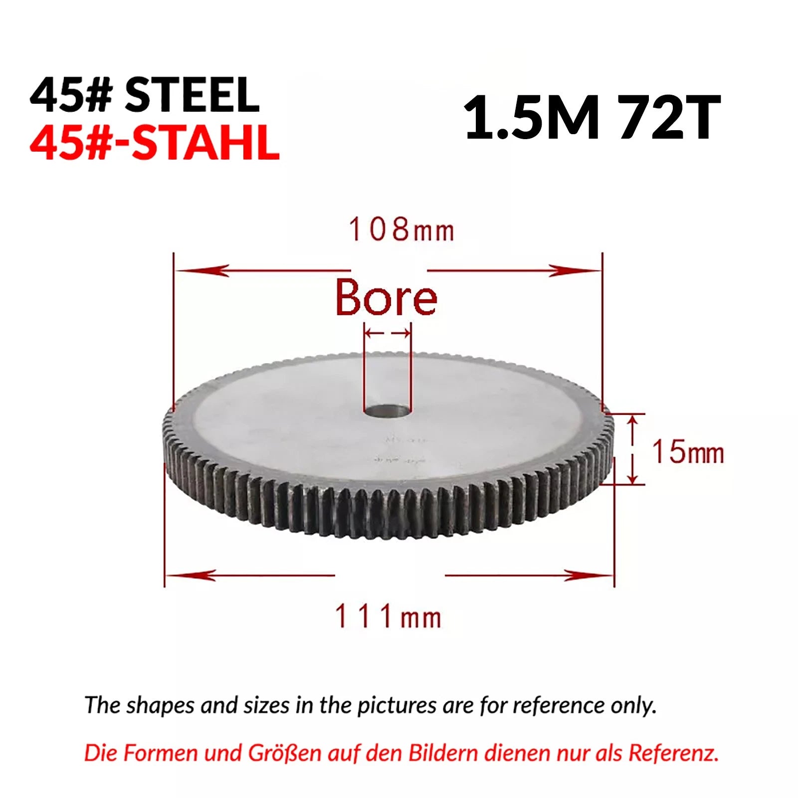 1.5 Mod 12/13/14/15/16/17/18/20-120T 45# Spur Gear Thickn 15mm Transmission Gear