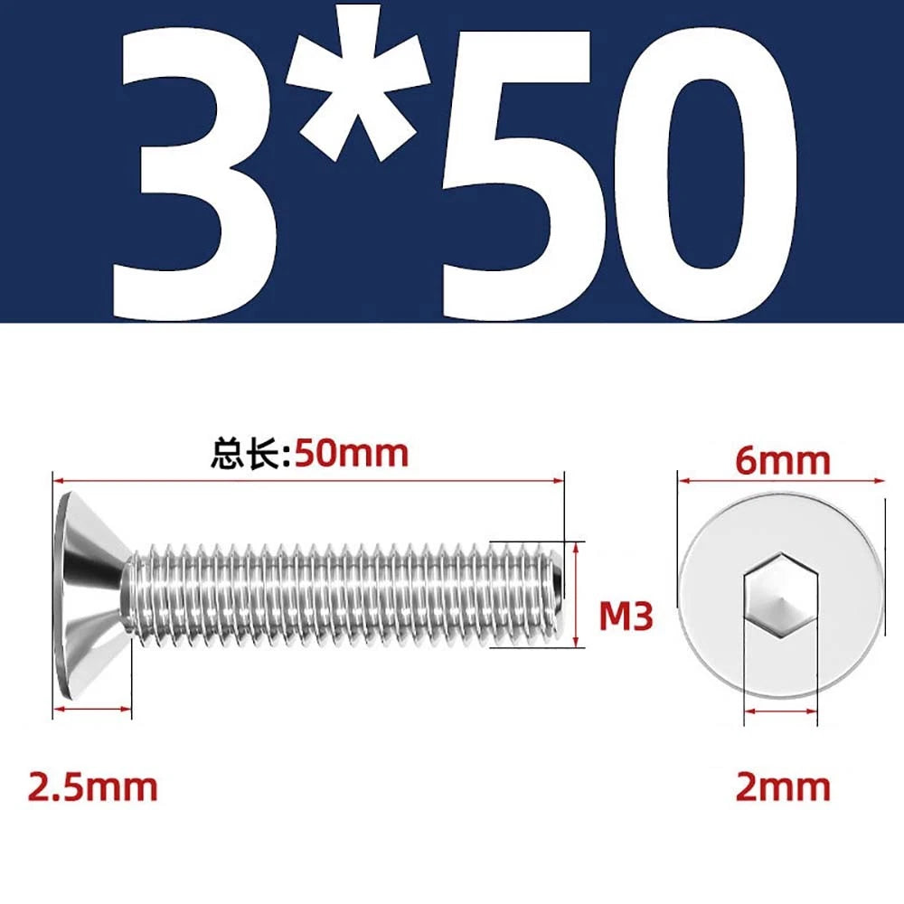Countersunk Hex Socket Screws – A2 Stainless Steel, M2 to M16, DIN 7991, Fully Threaded