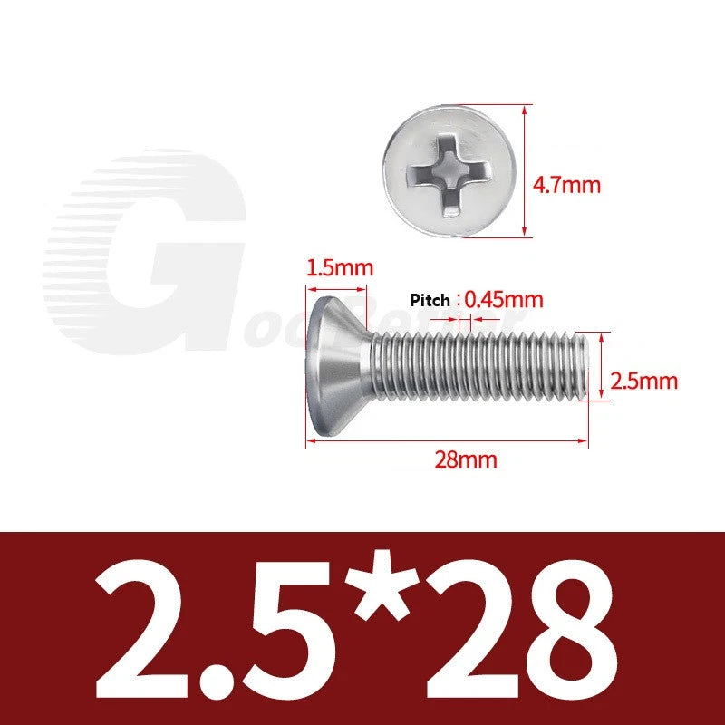 M1–M3.5 Phillips Countersunk Machine Screws – 304 Stainless Steel, Fully Threaded (3–120mm Overall Length)