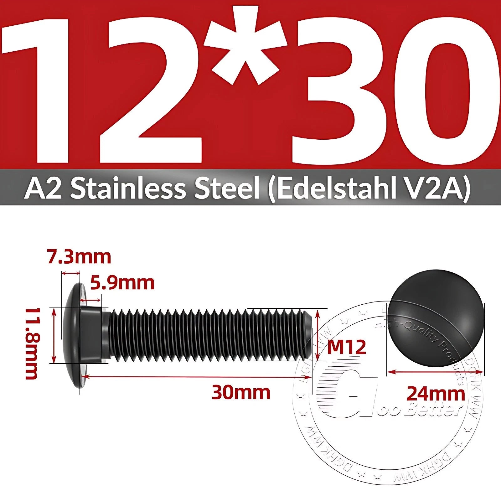 Black Stainless Steel Carriage Bolts M3–M12 | A2 Cup Square Dome Screws