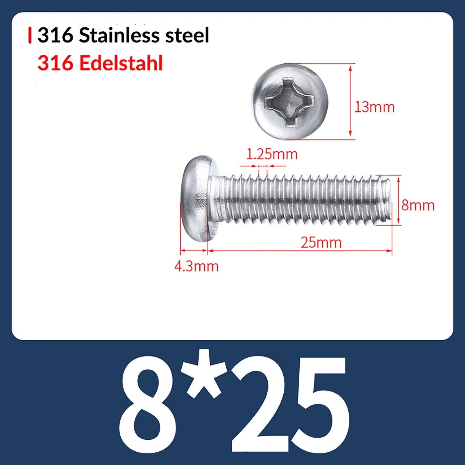 M2 M3 M4 M5 M6 M8 A4 Stainless Steel Phillips Pan Head Machine Screws – DIN 7985, Fully Threaded (4–80mm)