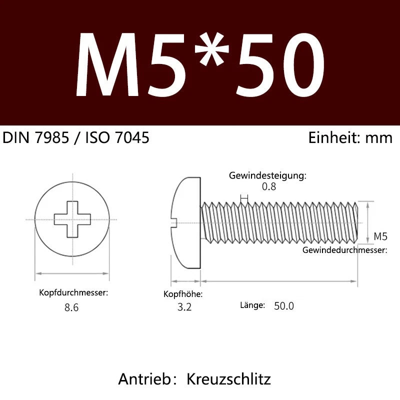 6063 Aluminium Phillips Pan Head Machine Screws DIN 7985 — M1.7 to M6 Metric