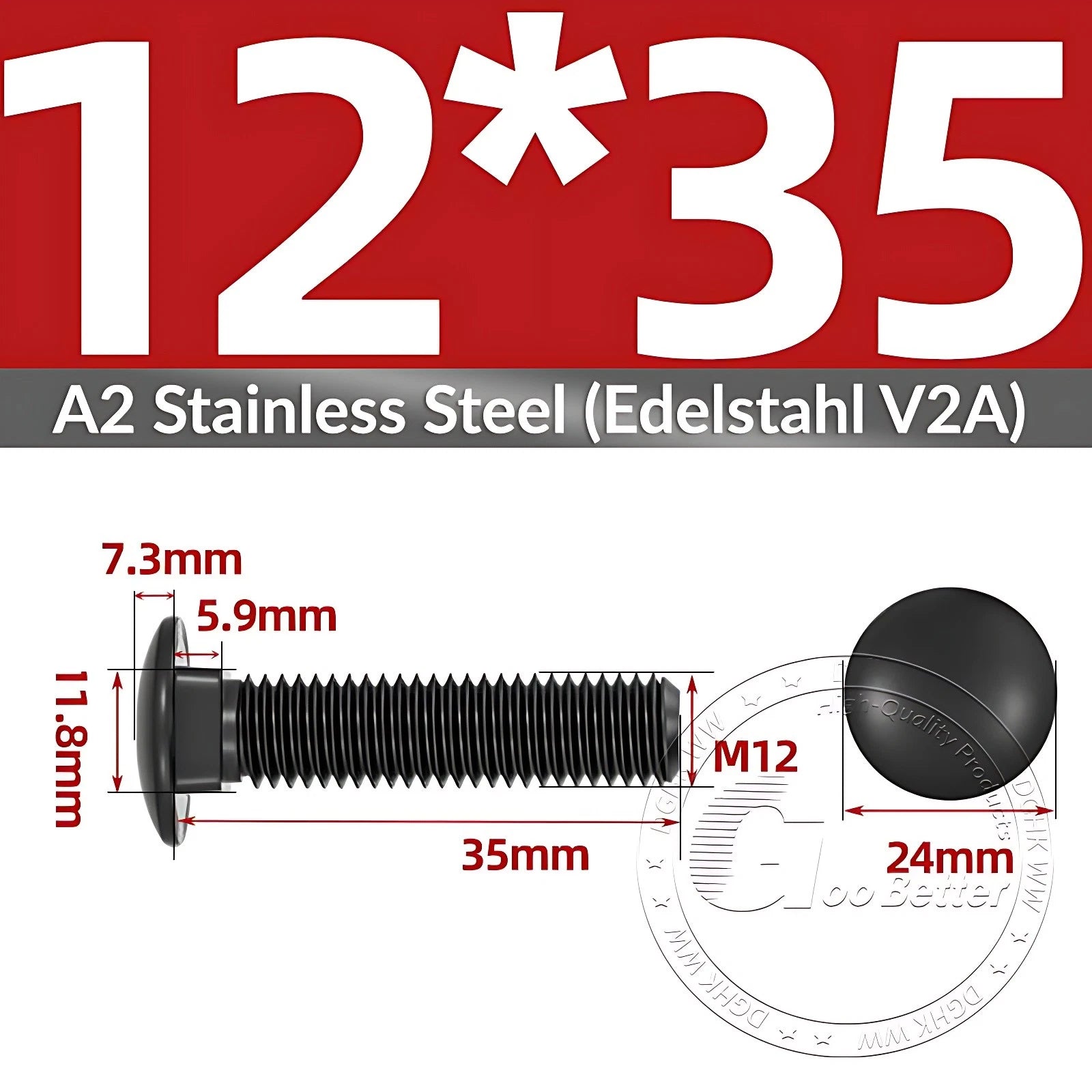 Black Stainless Steel Carriage Bolts M3–M12 | A2 Cup Square Dome Screws