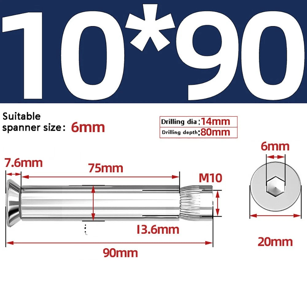 M6–M12 Countersunk Hex Socket Expansion Bolts — 304 & 201 Stainless Steel, A-Type & B-Type