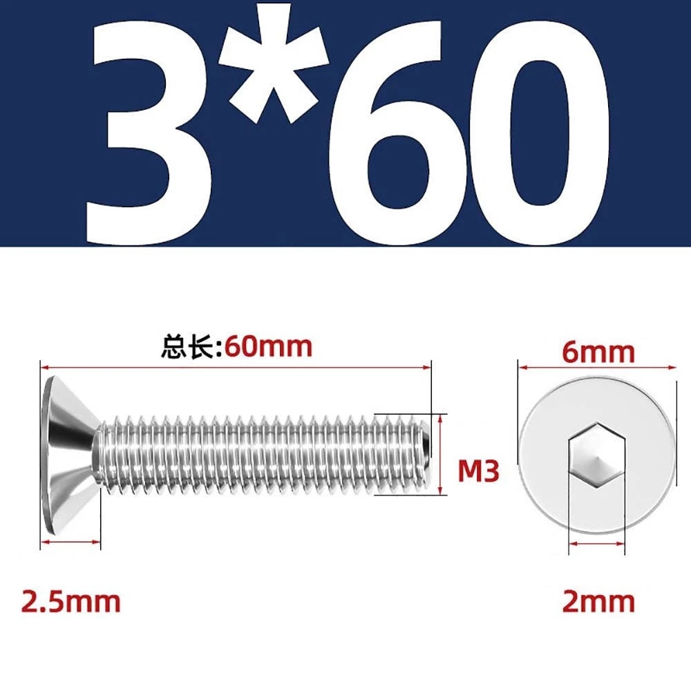 Countersunk Hex Socket Screws – A2 Stainless Steel, M2 to M16, DIN 7991, Fully Threaded