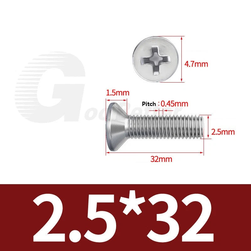M1–M3.5 Phillips Countersunk Machine Screws – 304 Stainless Steel, Fully Threaded (3–120mm Overall Length)