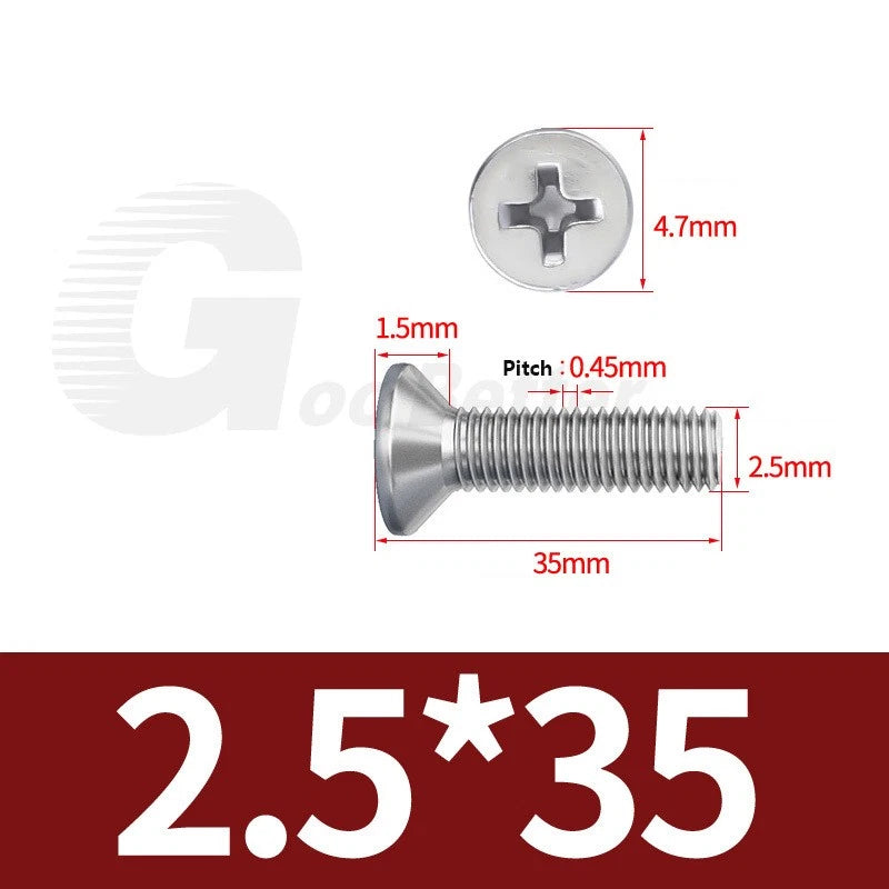 M1–M3.5 Phillips Countersunk Machine Screws – 304 Stainless Steel, Fully Threaded (3–120mm Overall Length)