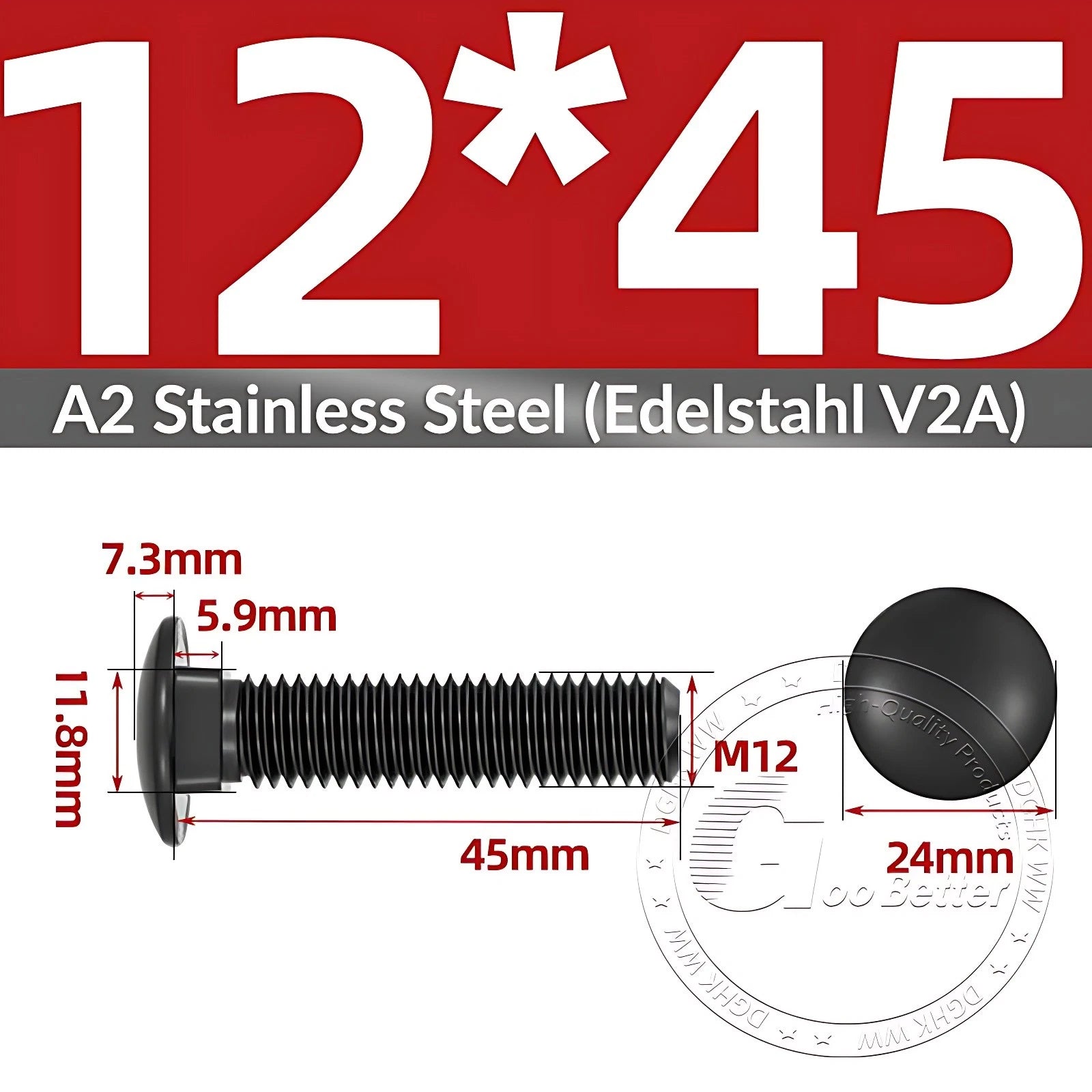 Black Stainless Steel Carriage Bolts M3–M12 | A2 Cup Square Dome Screws