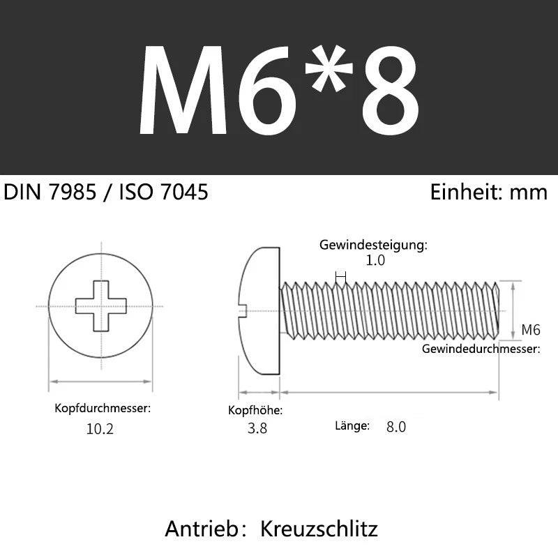 6063 Aluminium Phillips Pan Head Machine Screws DIN 7985 — M1.7 to M6 Metric