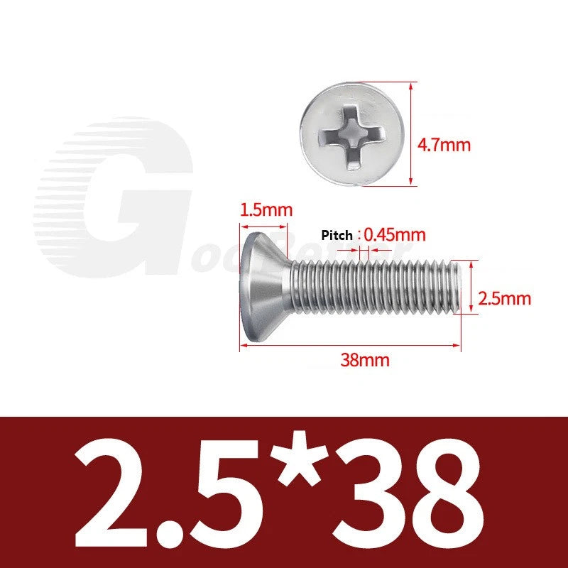 M1–M3.5 Phillips Countersunk Machine Screws – 304 Stainless Steel, Fully Threaded (3–120mm Overall Length)