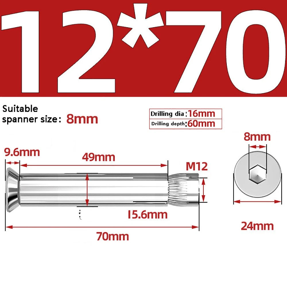 M6–M12 Countersunk Hex Socket Expansion Bolts — 304 & 201 Stainless Steel, A-Type & B-Type