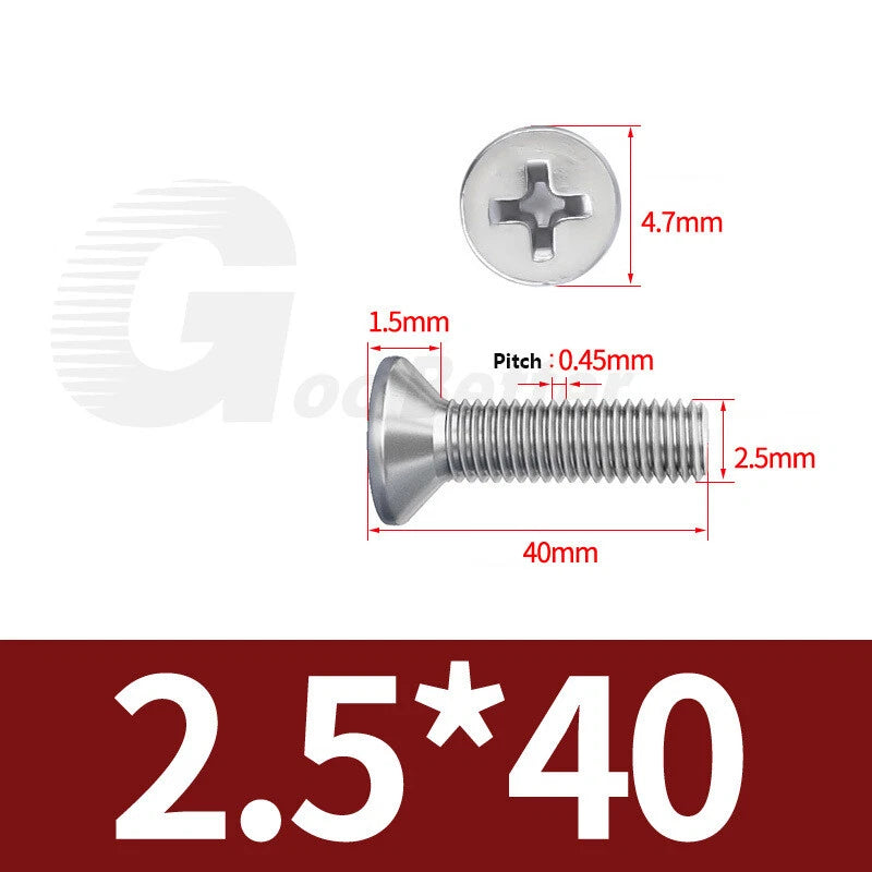 M1–M3.5 Phillips Countersunk Machine Screws – 304 Stainless Steel, Fully Threaded (3–120mm Overall Length)