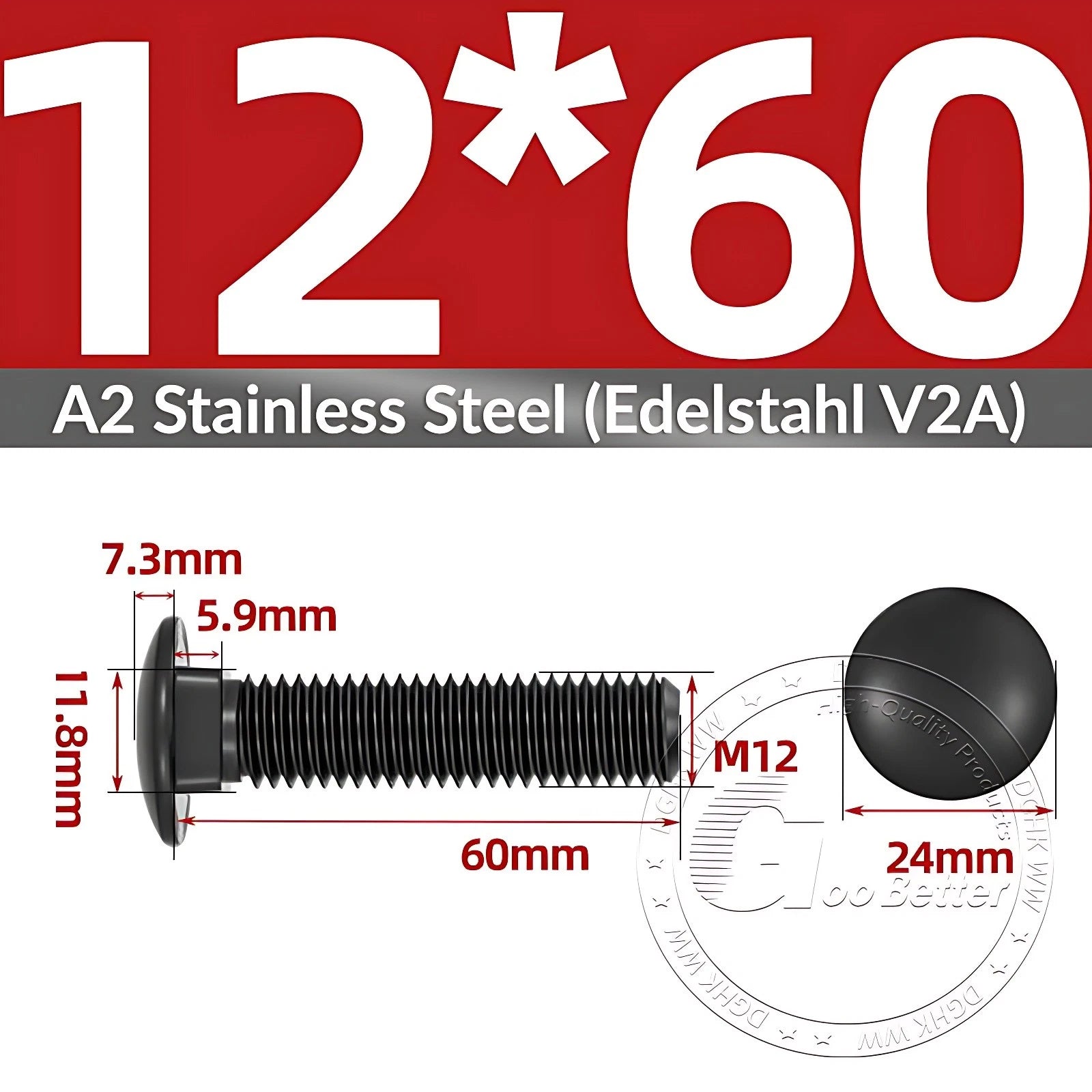 Black Stainless Steel Carriage Bolts M3–M12 | A2 Cup Square Dome Screws