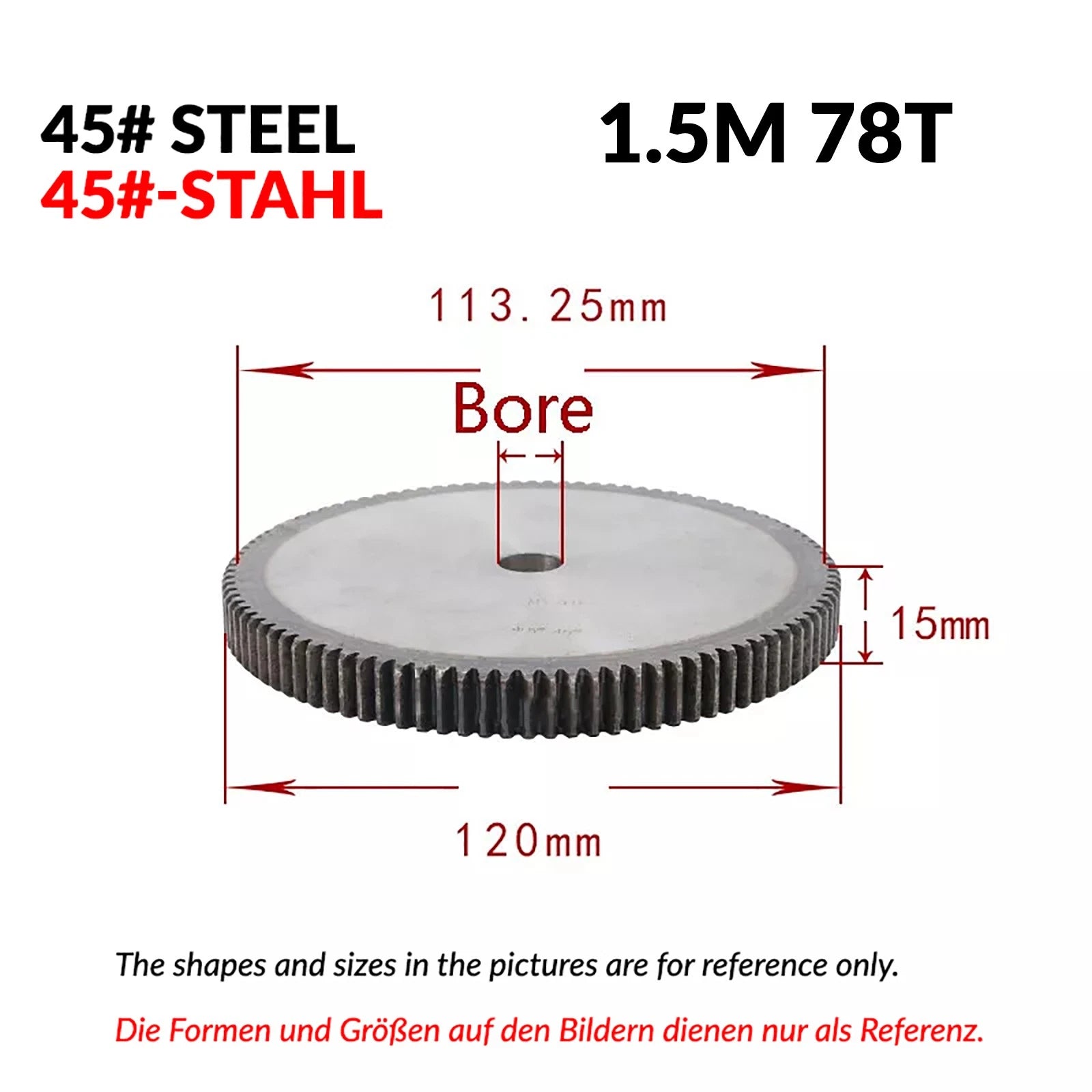 1.5 Mod 12/13/14/15/16/17/18/20-120T 45# Spur Gear Thickn 15mm Transmission Gear