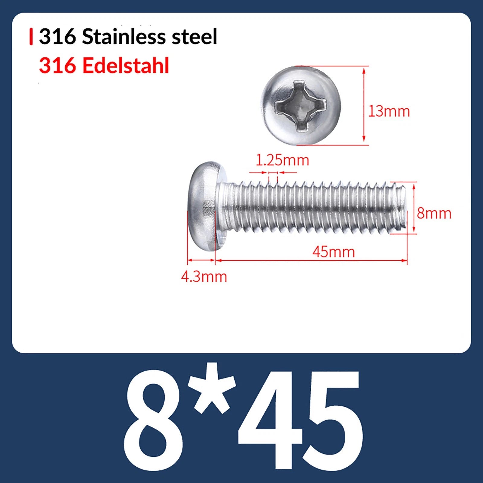 M2 M3 M4 M5 M6 M8 A4 Stainless Steel Phillips Pan Head Machine Screws – DIN 7985, Fully Threaded (4–80mm)