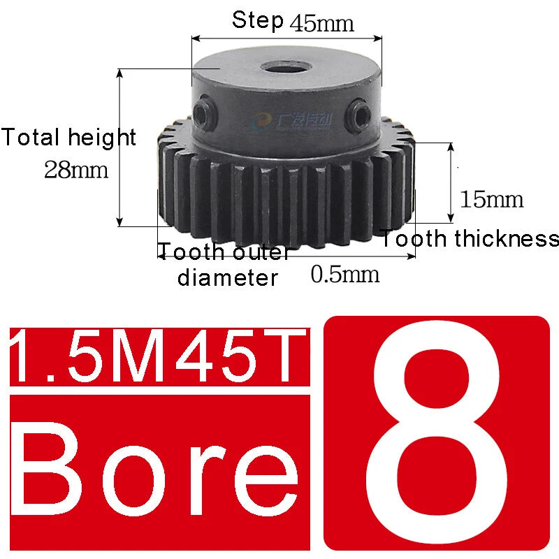 1.5Mod 45# Steel Spur Gears 10-150T Pinion Gear With Step Motor Gear Bore 5-25mm