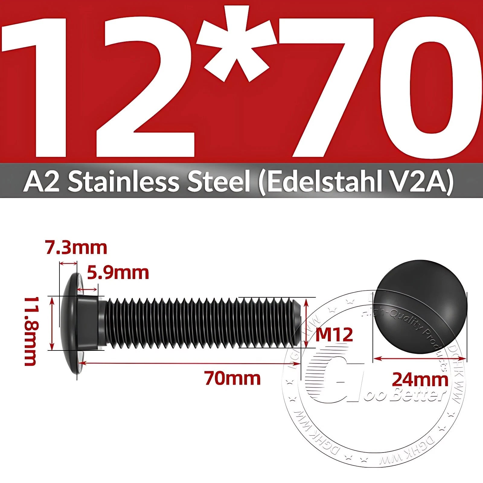 Black Stainless Steel Carriage Bolts M3–M12 | A2 Cup Square Dome Screws