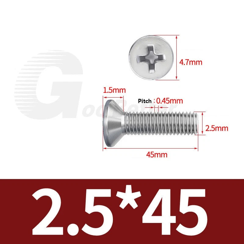 M1–M3.5 Phillips Countersunk Machine Screws – 304 Stainless Steel, Fully Threaded (3–120mm Overall Length)