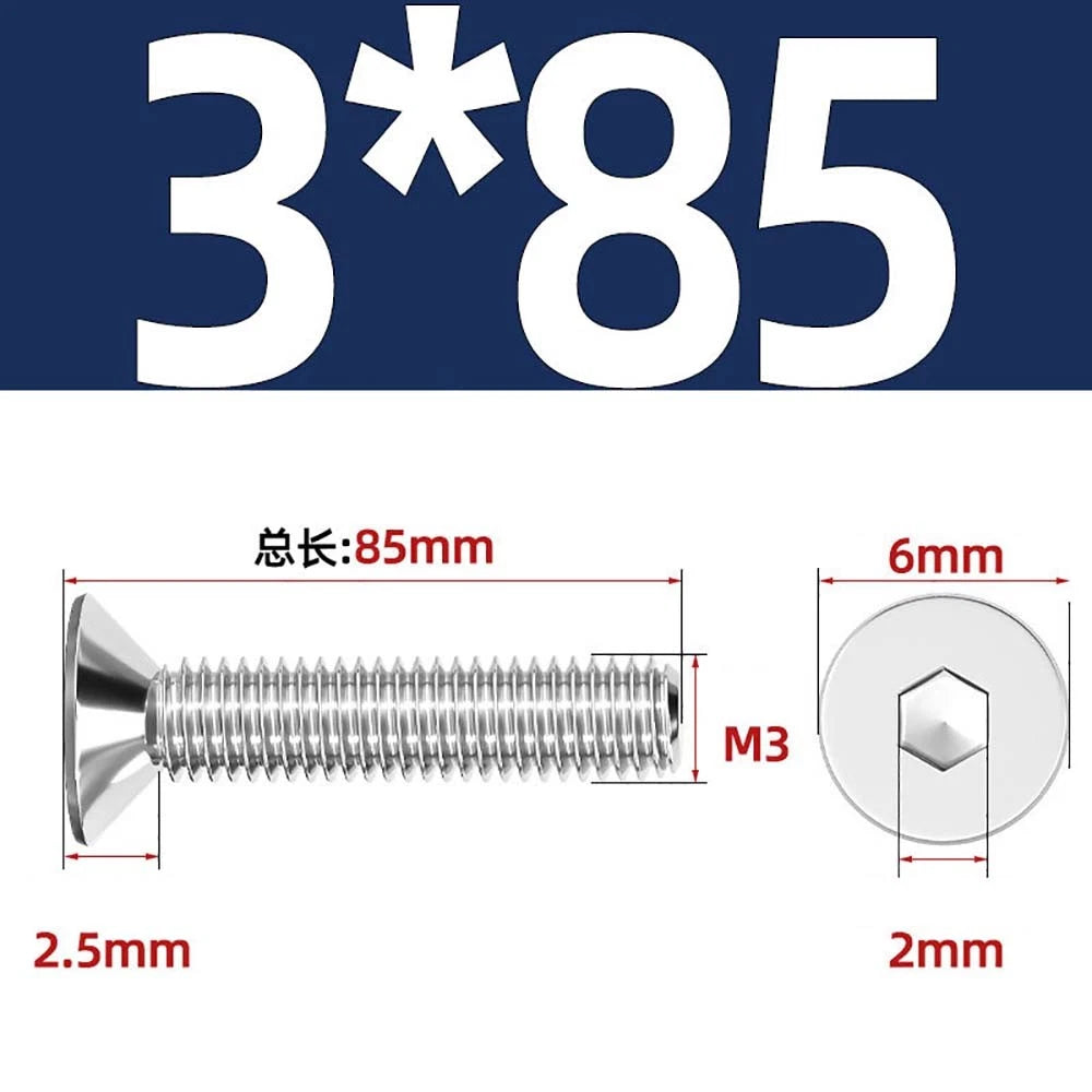 Countersunk Hex Socket Screws – A2 Stainless Steel, M2 to M16, DIN 7991, Fully Threaded