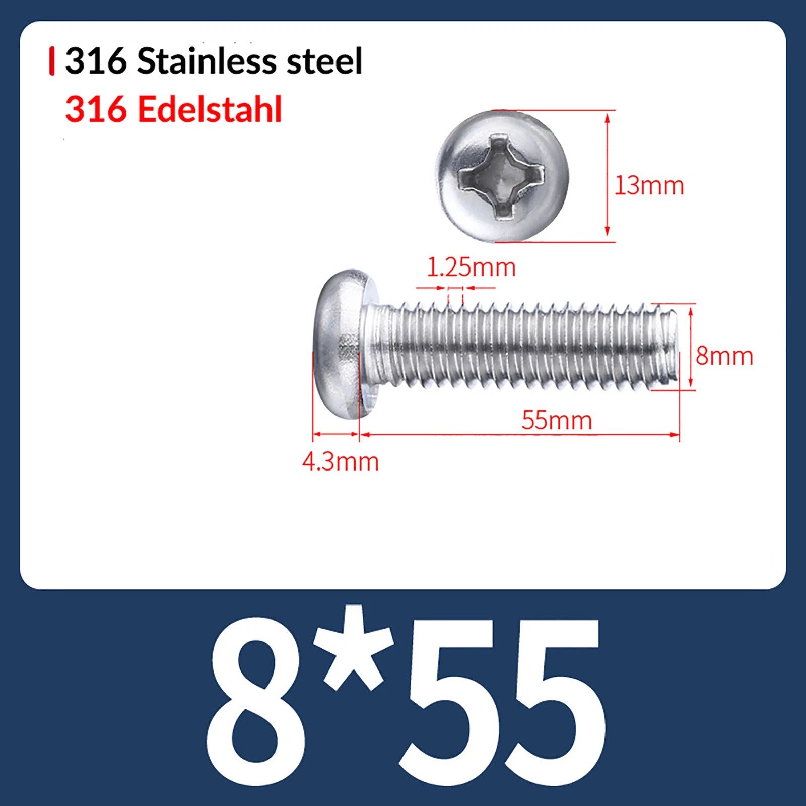 M2 M3 M4 M5 M6 M8 A4 Stainless Steel Phillips Pan Head Machine Screws – DIN 7985, Fully Threaded (4–80mm)