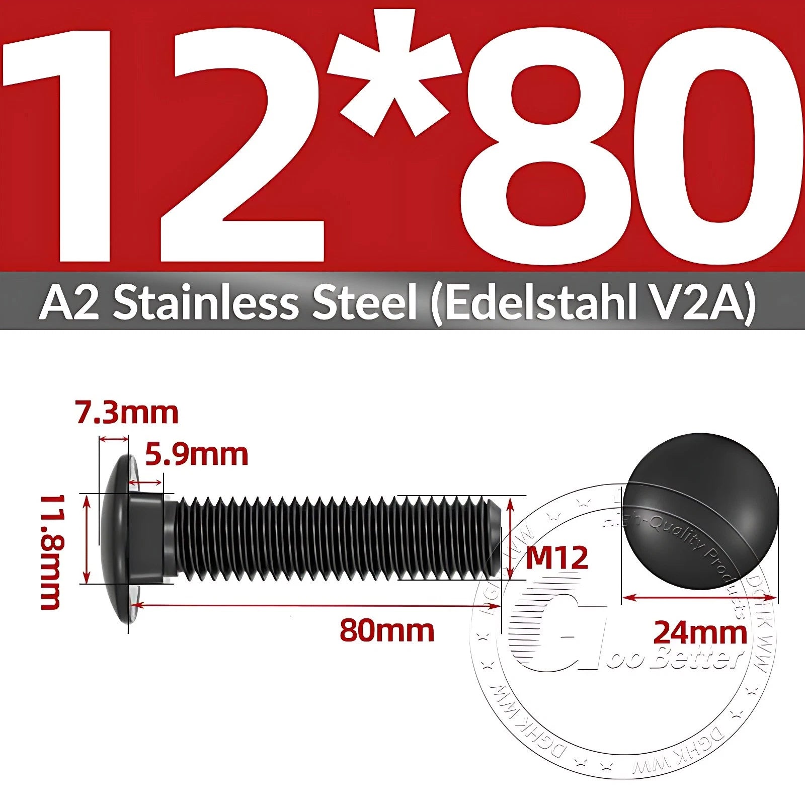 Black Stainless Steel Carriage Bolts M3–M12 | A2 Cup Square Dome Screws